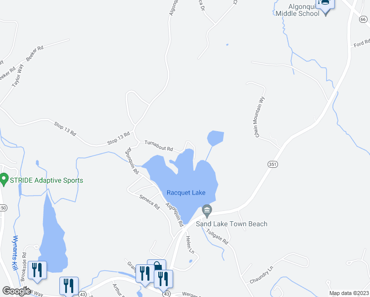 map of restaurants, bars, coffee shops, grocery stores, and more near 55 Turnabout Road in Averill Park