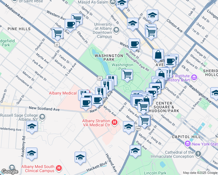 map of restaurants, bars, coffee shops, grocery stores, and more near 572 Madison Avenue in Albany