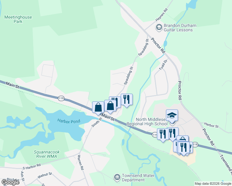 map of restaurants, bars, coffee shops, grocery stores, and more near 18 Spaulding Street in Townsend