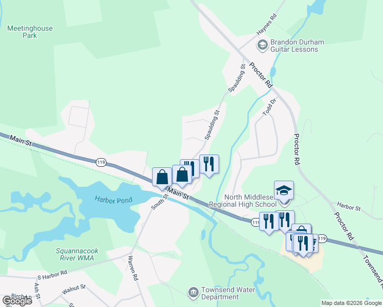 map of restaurants, bars, coffee shops, grocery stores, and more near 18 Spaulding Street in Townsend