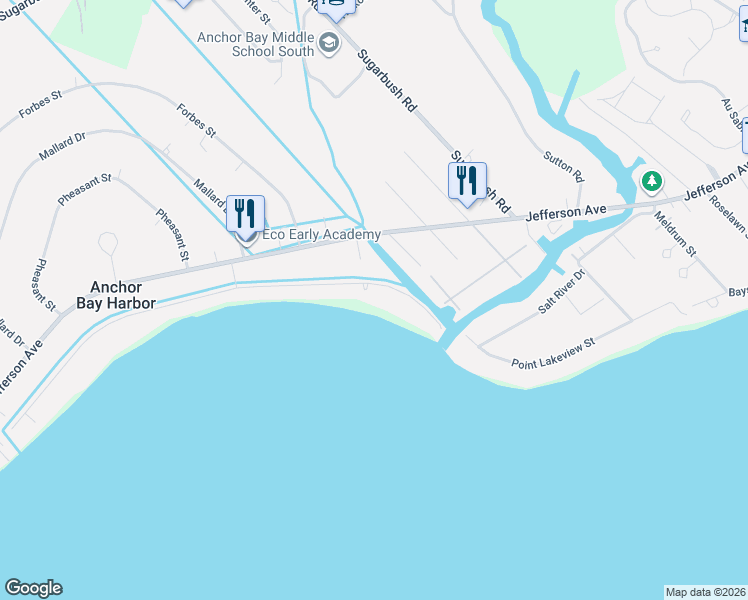 map of restaurants, bars, coffee shops, grocery stores, and more near 48590 Harbor Drive in New Baltimore