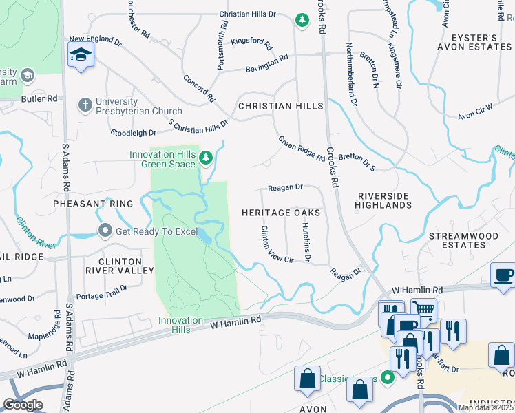 map of restaurants, bars, coffee shops, grocery stores, and more near 2185 Clinton View Circle in Rochester Hills