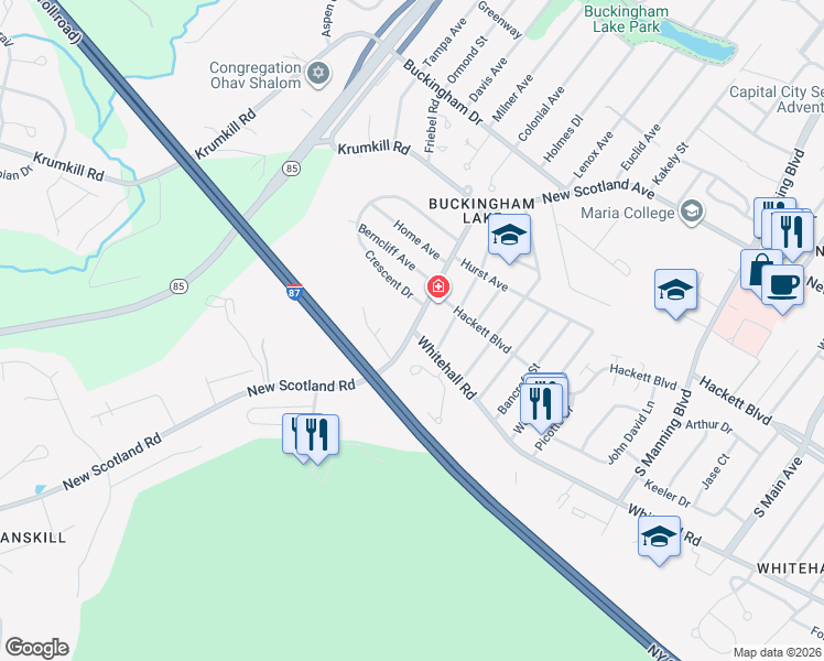 map of restaurants, bars, coffee shops, grocery stores, and more near New Scotland Ave & Whitehall Rd in Albany