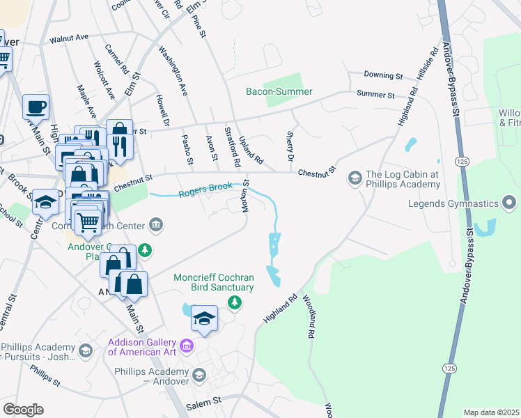 map of restaurants, bars, coffee shops, grocery stores, and more near 89 Morton Street in Andover