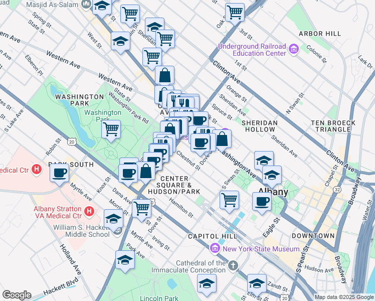 map of restaurants, bars, coffee shops, grocery stores, and more near 326 State Street in Albany