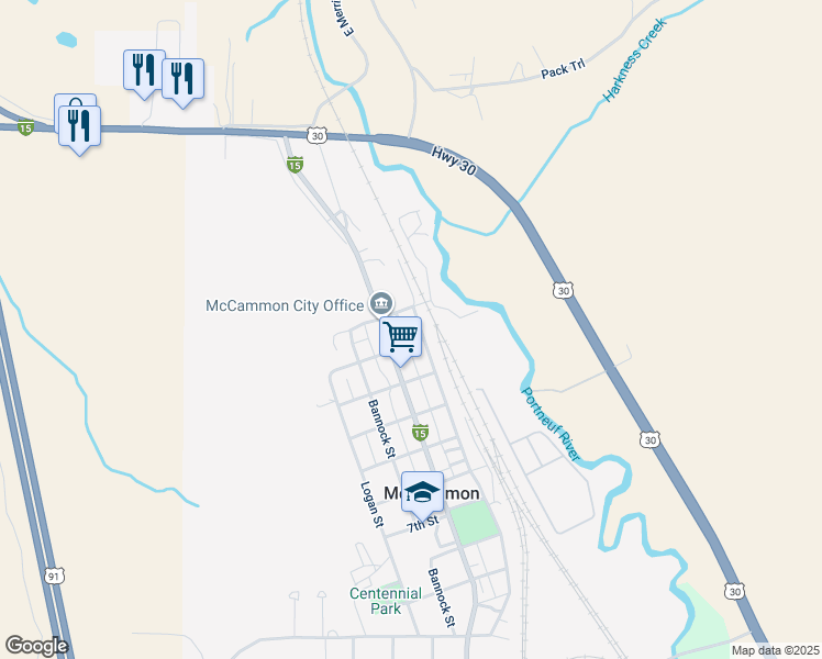 map of restaurants, bars, coffee shops, grocery stores, and more near 104 Front Street in McCammon