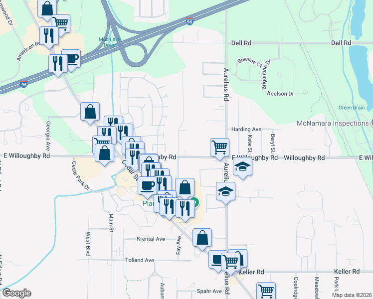 map of restaurants, bars, coffee shops, grocery stores, and more near 1823 East Willoughby Road in Lansing