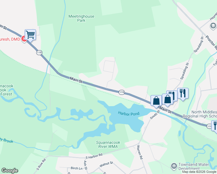 map of restaurants, bars, coffee shops, grocery stores, and more near 1 Reagan Road in Townsend