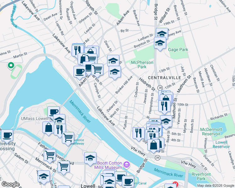 map of restaurants, bars, coffee shops, grocery stores, and more near 85 Bunker Hill Avenue in Lowell