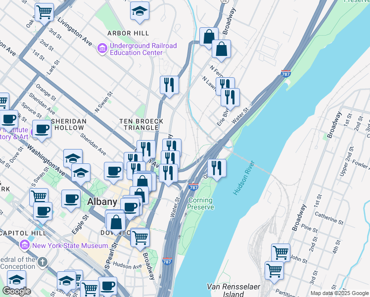 map of restaurants, bars, coffee shops, grocery stores, and more near 725 Broadway in Albany