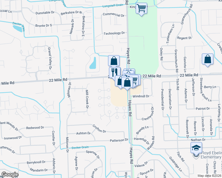 map of restaurants, bars, coffee shops, grocery stores, and more near 48901 Hayes Road in Macomb County