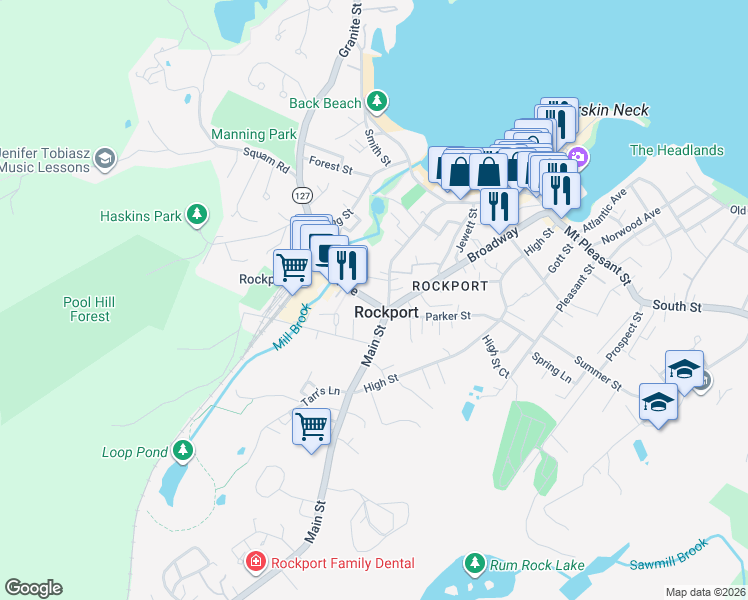 map of restaurants, bars, coffee shops, grocery stores, and more near 127 Main Street in Rockport