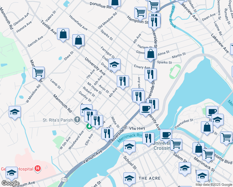 map of restaurants, bars, coffee shops, grocery stores, and more near 162 4th Avenue in Lowell