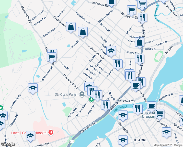map of restaurants, bars, coffee shops, grocery stores, and more near 216 Mount Hope Street in Lowell
