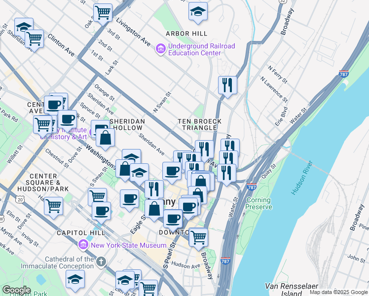 map of restaurants, bars, coffee shops, grocery stores, and more near in Albany