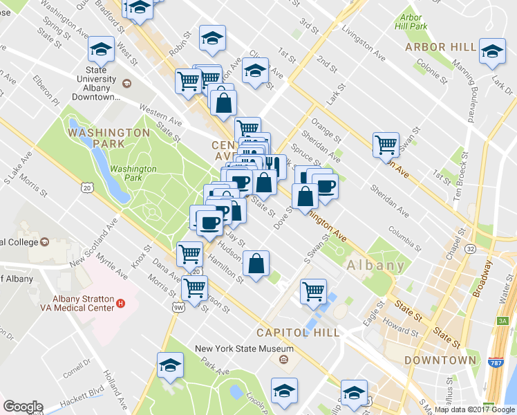 map of restaurants, bars, coffee shops, grocery stores, and more near 342 State Street in Albany