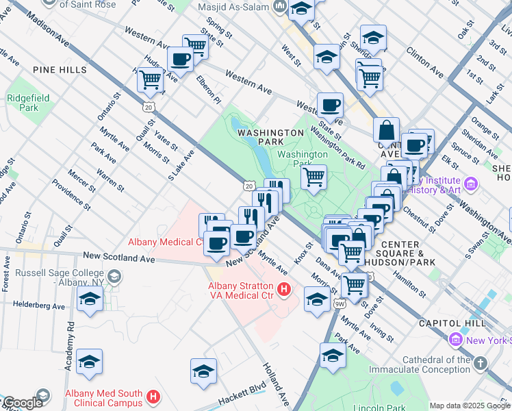 map of restaurants, bars, coffee shops, grocery stores, and more near 584 U.S. 20 in Albany
