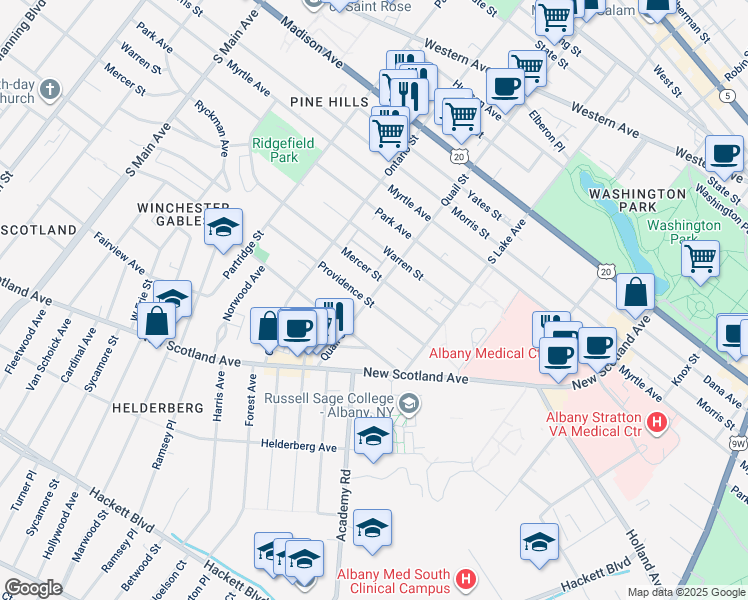 map of restaurants, bars, coffee shops, grocery stores, and more near 362 Quail Street in Albany