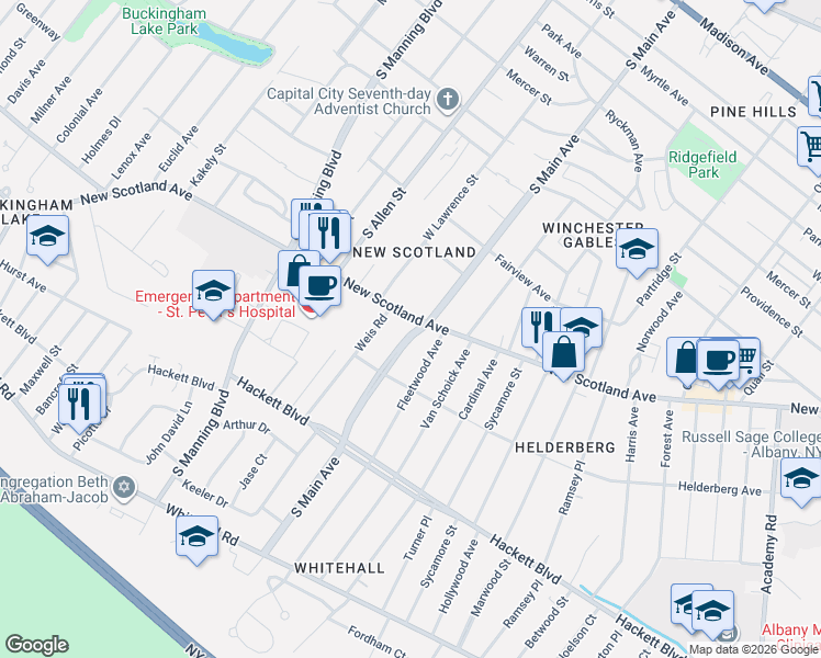 map of restaurants, bars, coffee shops, grocery stores, and more near in Albany