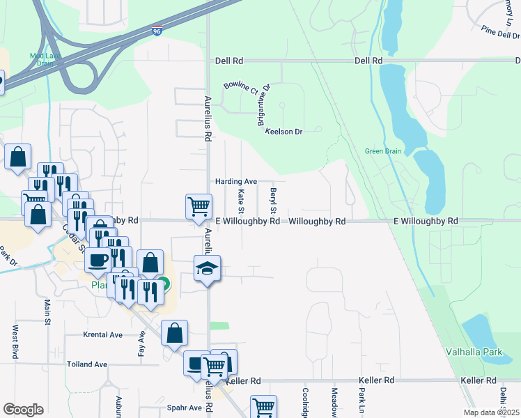 map of restaurants, bars, coffee shops, grocery stores, and more near 2525 Selma Street in Delhi charter Township
