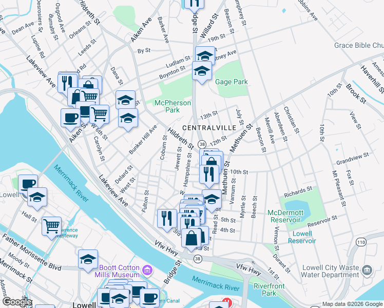 map of restaurants, bars, coffee shops, grocery stores, and more near 50 Hampshire Street in Lowell