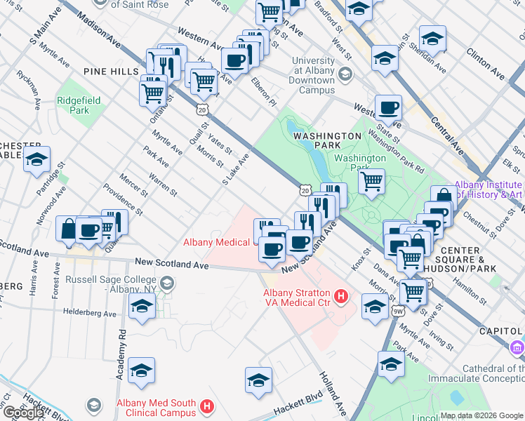map of restaurants, bars, coffee shops, grocery stores, and more near 473 Myrtle Avenue in Albany