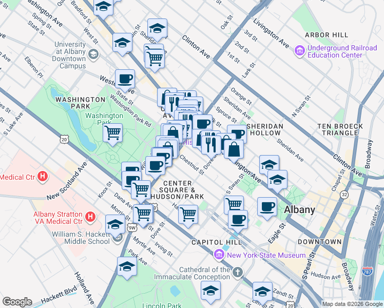 map of restaurants, bars, coffee shops, grocery stores, and more near 342 State Street in Albany