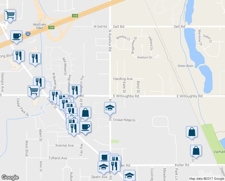 map of restaurants, bars, coffee shops, grocery stores, and more near 7039 North Aurelius Road in Lansing