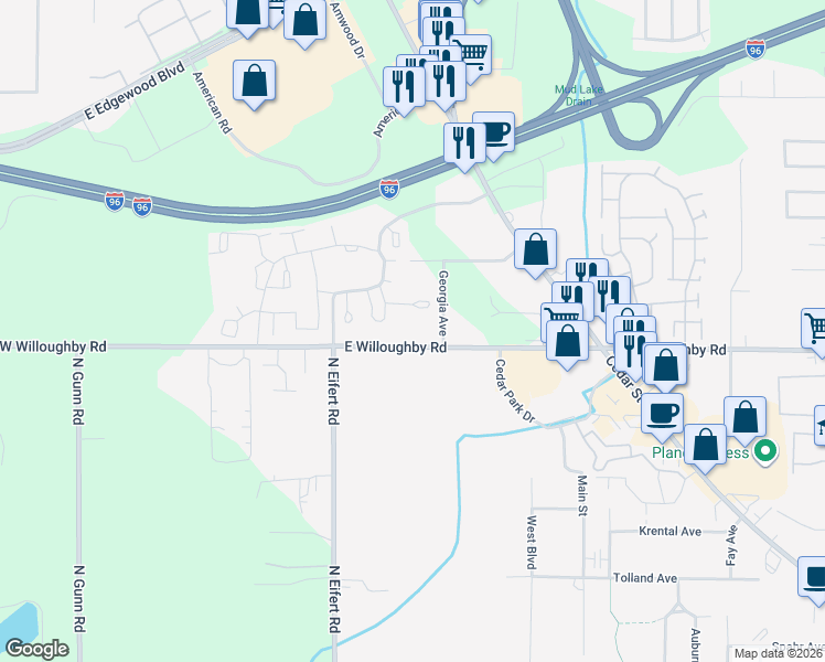 map of restaurants, bars, coffee shops, grocery stores, and more near 927 East Willoughby Road in Lansing