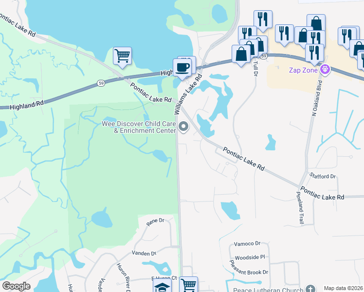 map of restaurants, bars, coffee shops, grocery stores, and more near 840 North Williams Lake Road in Waterford Township