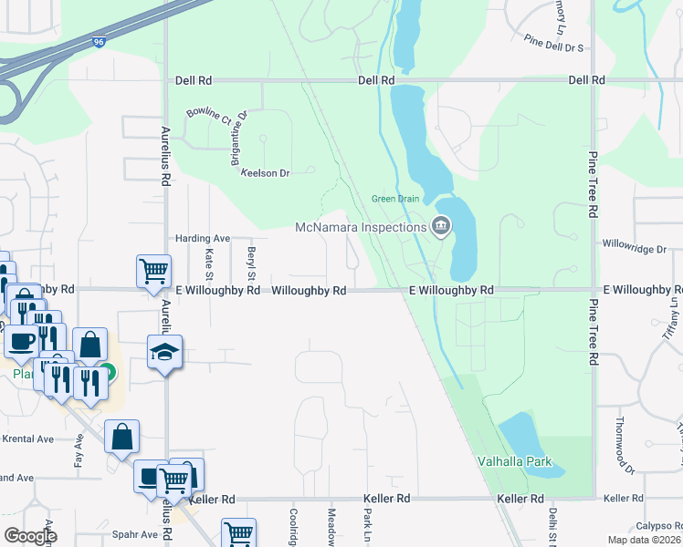 map of restaurants, bars, coffee shops, grocery stores, and more near 2531 Winterberry Street in Delhi charter Township