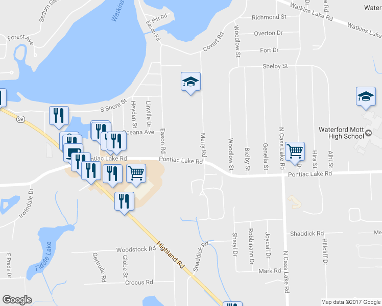 map of restaurants, bars, coffee shops, grocery stores, and more near 3920 Pontiac Lake Road in Waterford Township