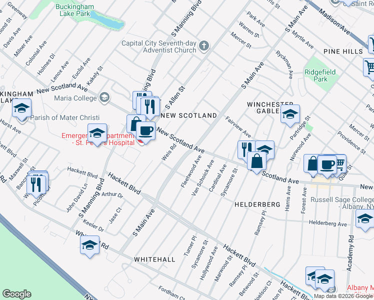 map of restaurants, bars, coffee shops, grocery stores, and more near in Albany