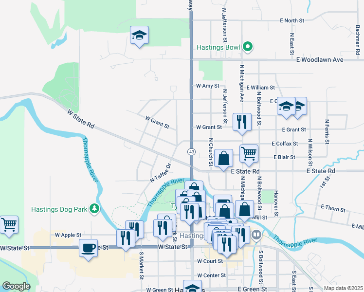 map of restaurants, bars, coffee shops, grocery stores, and more near 328 West Colfax Street in Hastings