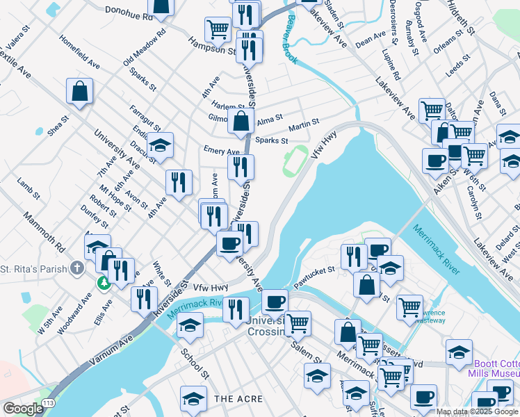 map of restaurants, bars, coffee shops, grocery stores, and more near 220 Pawtucket Street in Lowell