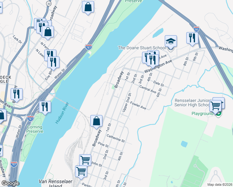 map of restaurants, bars, coffee shops, grocery stores, and more near 1531 1st Street in Rensselaer