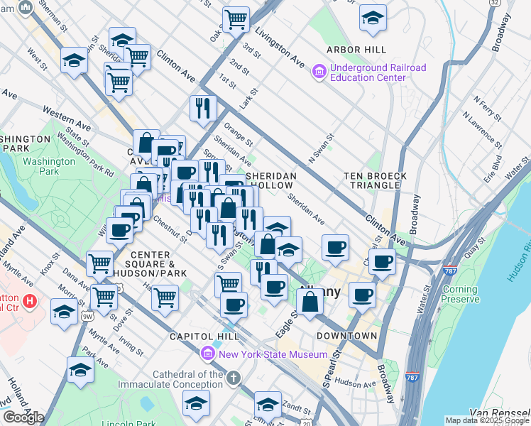 map of restaurants, bars, coffee shops, grocery stores, and more near 77 Elk Street in Albany