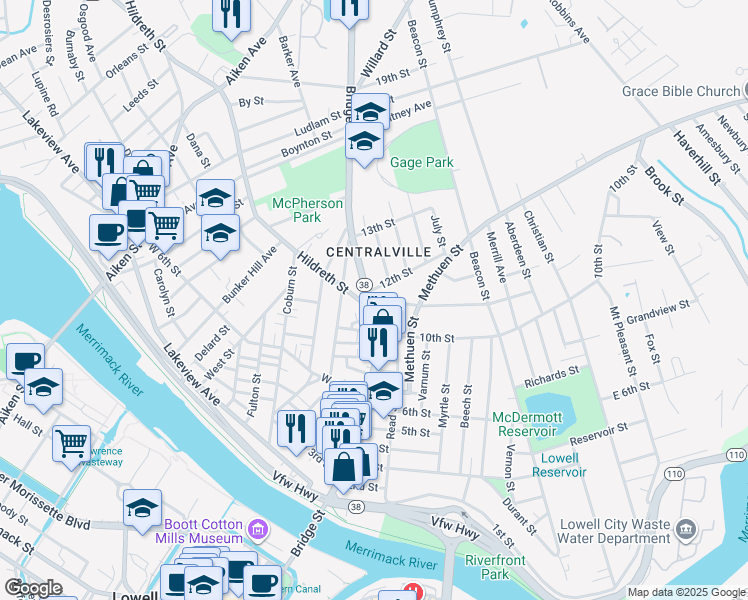 map of restaurants, bars, coffee shops, grocery stores, and more near 6 11th Street in Lowell
