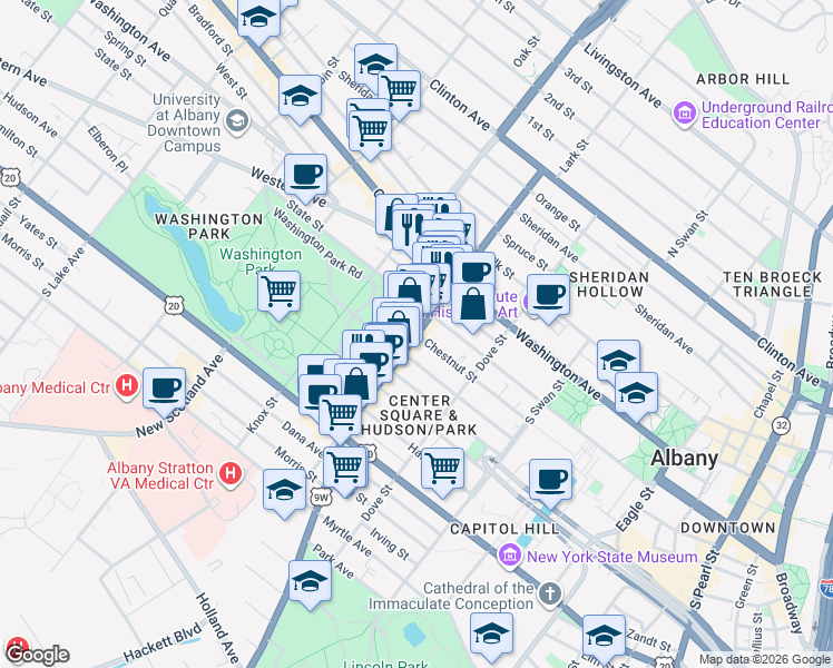 map of restaurants, bars, coffee shops, grocery stores, and more near Lark Street & Chestnut Street in Albany