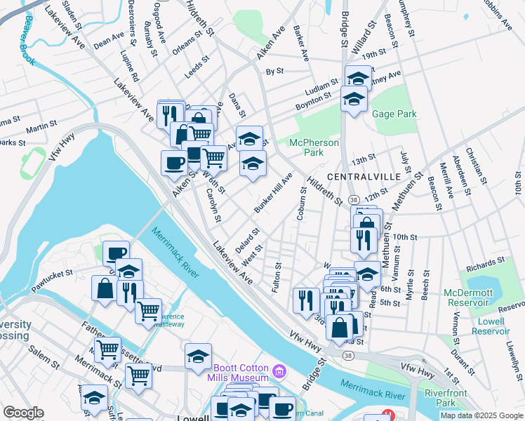 map of restaurants, bars, coffee shops, grocery stores, and more near 37 Unsworth Street in Lowell