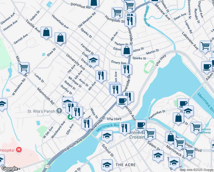 map of restaurants, bars, coffee shops, grocery stores, and more near 178 University Avenue in Lowell