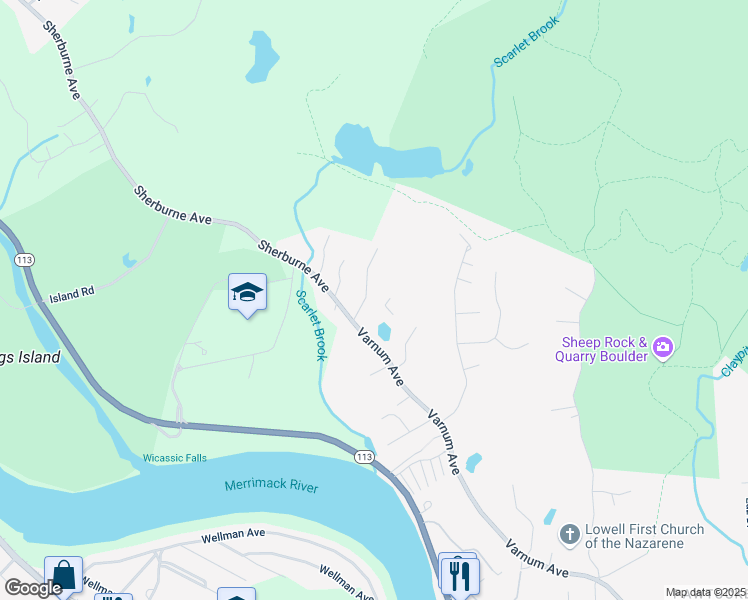 map of restaurants, bars, coffee shops, grocery stores, and more near 40 Constance Drive in Lowell
