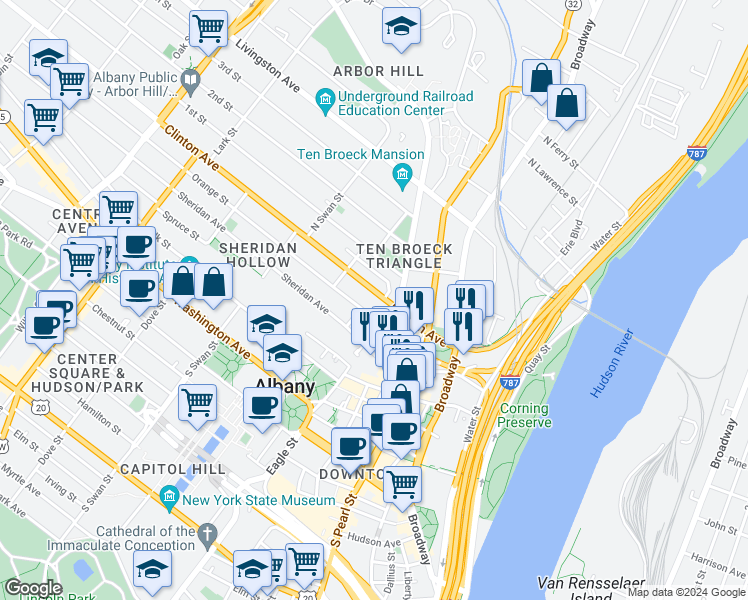 map of restaurants, bars, coffee shops, grocery stores, and more near in Albany