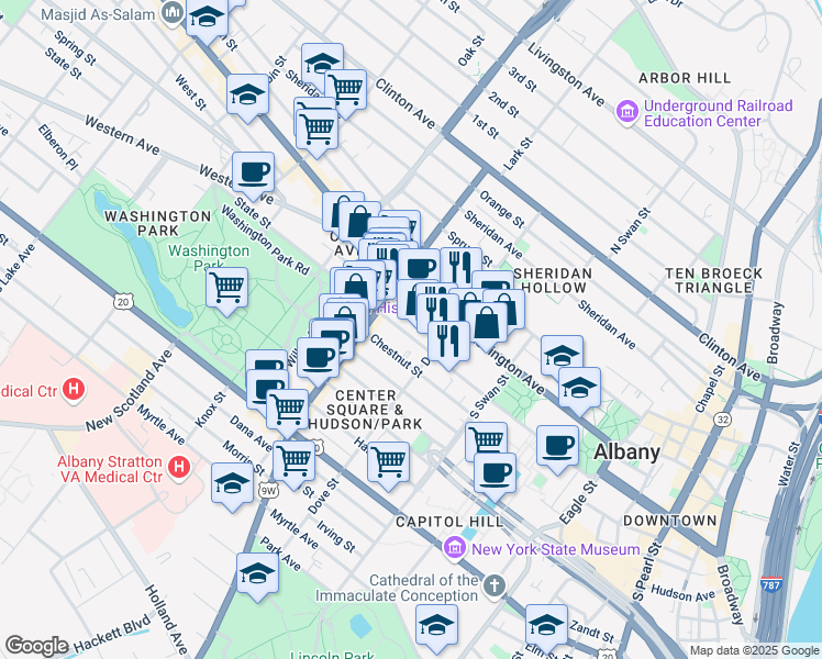 map of restaurants, bars, coffee shops, grocery stores, and more near 18 Spring Street in Albany