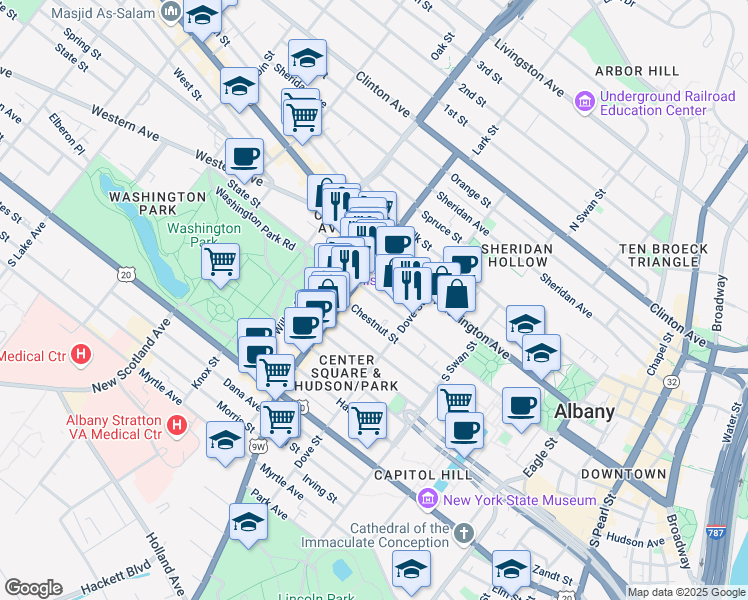 map of restaurants, bars, coffee shops, grocery stores, and more near 342 State Street in Albany