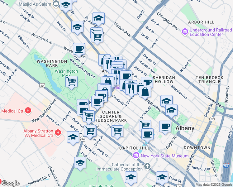 map of restaurants, bars, coffee shops, grocery stores, and more near 342 State Street in Albany
