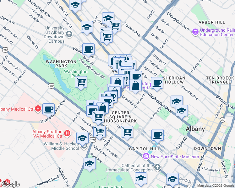 map of restaurants, bars, coffee shops, grocery stores, and more near 235 Lark Street in Albany