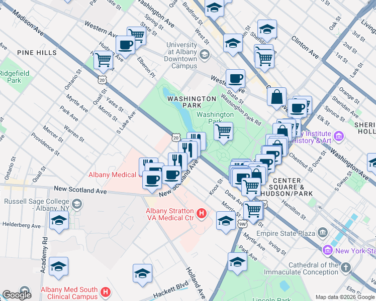 map of restaurants, bars, coffee shops, grocery stores, and more near 584 U.S. 20 in Albany
