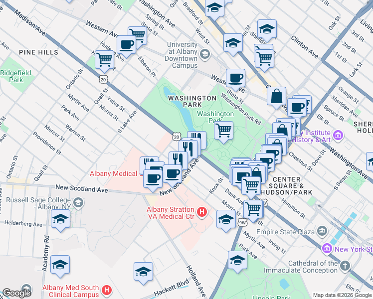 map of restaurants, bars, coffee shops, grocery stores, and more near 584 U.S. 20 in Albany