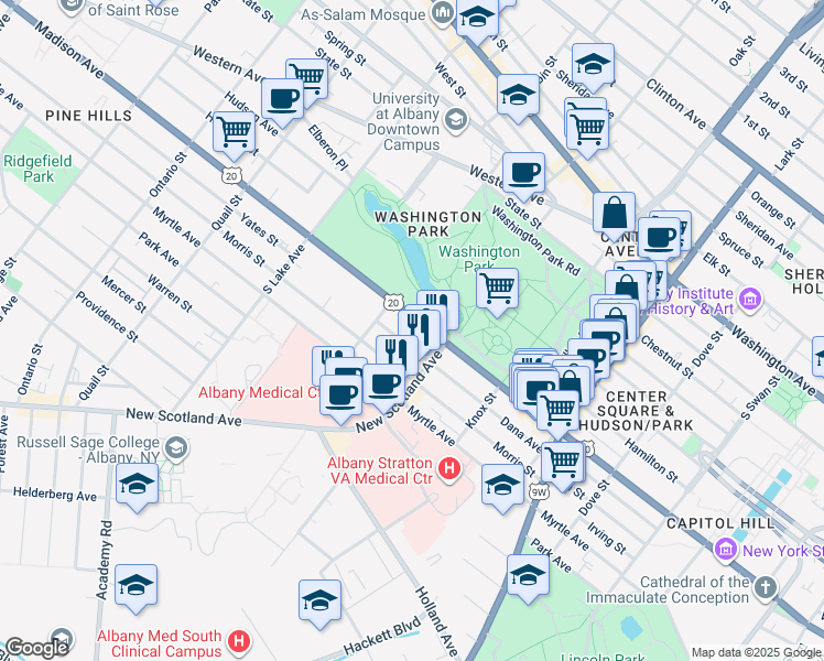 map of restaurants, bars, coffee shops, grocery stores, and more near 584 U.S. 20 in Albany